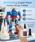 Hand applying 3D printing super glue to model next to robot and features like transparency and strong hold highlighted.