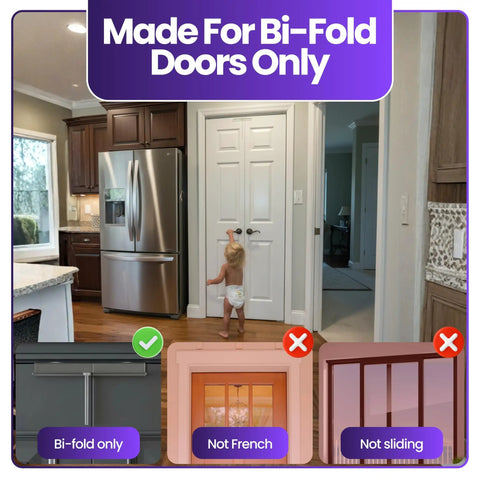 Child reaching for Slide-Lok Bi-Fold Door Lock Kid-Friendly Easy Install Child Safety Lock for double closet doors, kitchen view.