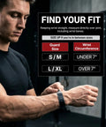 Man adjusting Wrist Brace With Mild Compression For Pain Relief, Adjustable Strap, Universal Fit, Black, Size S/M info chart visible