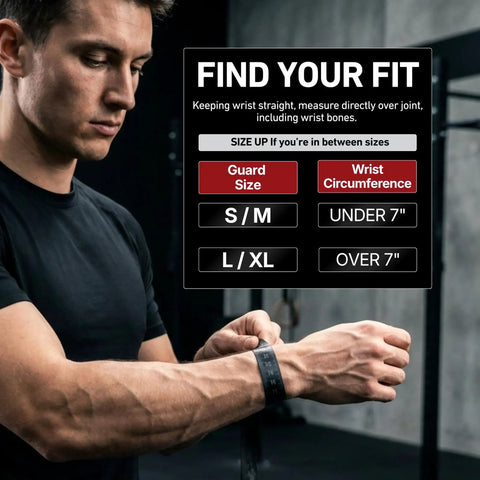 Man wearing wrist brace with mild compression for pain relief, adjustable strap, black, adult size L XL, measurement guide.