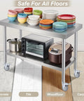 Heavy Duty Prep Table Rollers Set Three Inch Expanding Stem Casters With Brakes on a kitchen cart with various dishes.