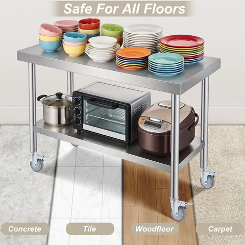Heavy Duty Prep Table Rollers Set Three Inch Expanding Stem Casters With Brakes on a kitchen cart with various dishes.