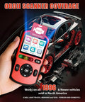 OBD2 Scanner AutoLink AL549 All In One Pro Grade Diagnostic Tool held in hand in front of car schematic