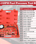 0-140 PSI fuel pressure tester kit in a red plastic case with gauge, hose and assorted brass adapters