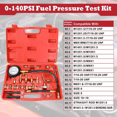 0-140 PSI fuel pressure tester kit in a red plastic case with gauge, hose and assorted brass adapters
