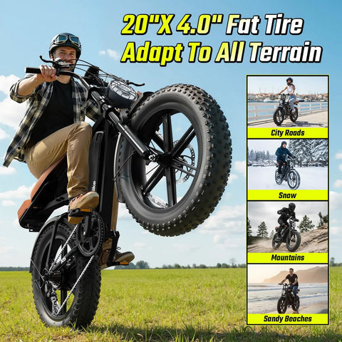 Beast 1500W Peak Electric Bike For Adults With Fat Tire 20 Inch Wheels in action on grass field, showcasing versatility.