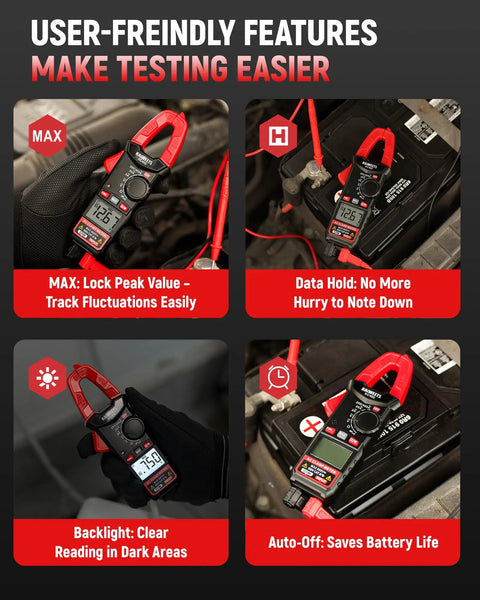 5 in 1 Digital Clamp Meter With Auto Ranging, 400A AC Current, 600V AC DC Voltage, Resistance, Continuity And Diode Testing, 2000 Count Resolution, Portable Pocket Sized Multimeter For Pros And DIY, red clamp meter in car battery test