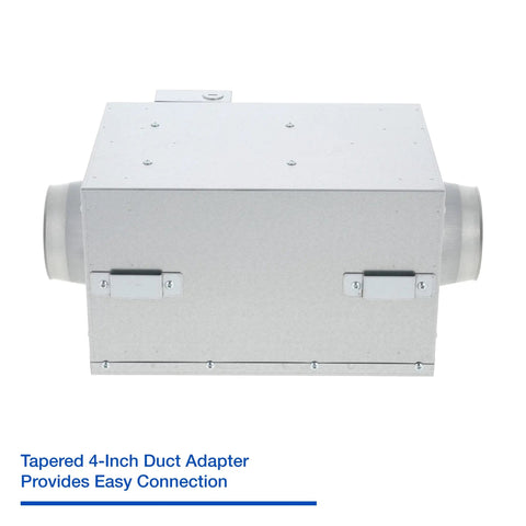 WhisperLine Remote Mount Inline Vent Fan 120 CFM front view with duct adapter, showing five installation positions and truss brackets