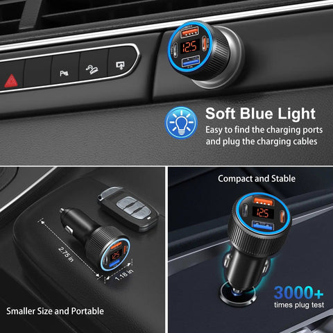 Top Tier 65W 4 Port Usb C Car Charger 3 Pack With Digital Voltmeter PD 30W Quick Charge installed in car dashboard.