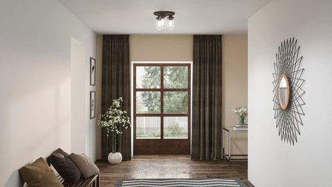 Room with 3-Light Textured Black Flush Mount, Clear Glass Mason Jar Shade, Faux Mahogany Accents, Rustic Lid, Steel Construction