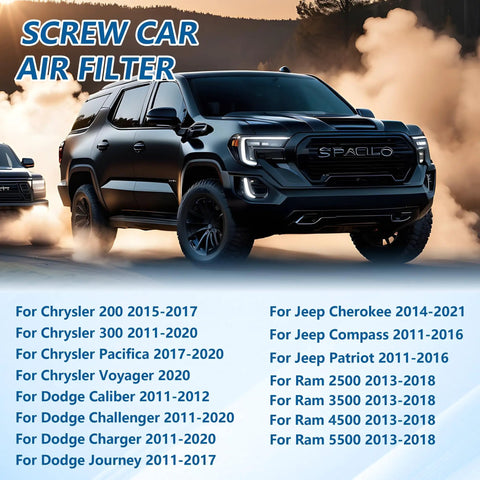 SUV on a misty road with list of car models for Air Box Bolt Screws 5 Pack Replaces 6509605AA And 11549031 Compatible With Chrysler Jeep Dodge Ram