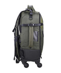 Side view of 55BT Carry On Camera Backpack Trolley For DSLR And Mirrorless Gear Green On The Go Travel Case with wheels visible
