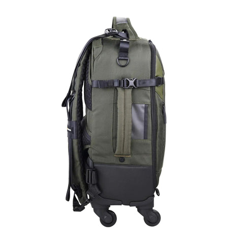 Side view of 55BT Carry On Camera Backpack Trolley For DSLR And Mirrorless Gear Green On The Go Travel Case with wheels visible
