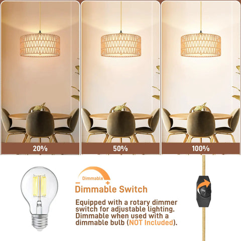 Straight Up Chic 13 Inch Gold Plug In Pendant Light With Super Smooth Rotary Dimmer Switch And Major Vibe Boho Rattan Fabric Hanging Lamp For Kitchen Dining Or Bedroom Spaces That Really Slap at various brightness levels.
