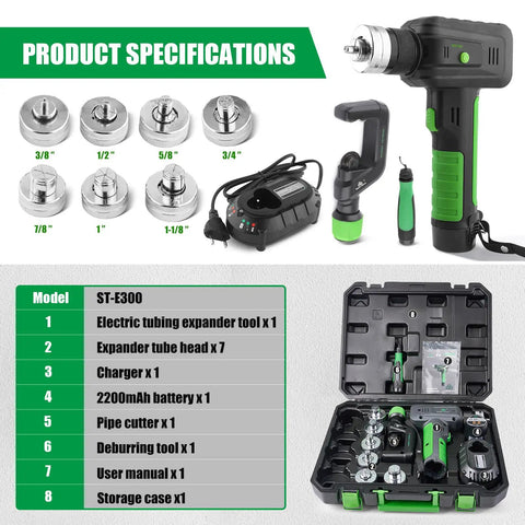 Pro Super Stars Electric Tubing Expander Swaging Tool Kit W 2200mAh Battery includes seven heads, charger, and case for HVAC work.