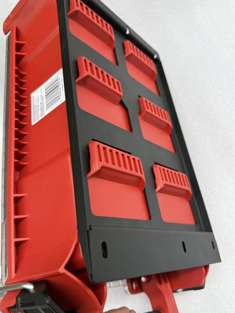 Packout Mounting Plate for Milwaukee System showing red and black heavy-duty metal base with pre-drilled holes and two half plate design.