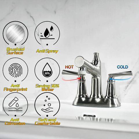 Brushed Nickel Bathroom Faucet With Pull Out Sprayer For 3 Hole 4 Inch Centerset Vanity Lavatory Sink Eco Friendly 304 Stainless Steel Construction for indoor and outdoor use with icons.