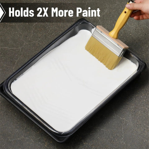 5 Inch Deck Stain Brush for Quick, Even Wood Finish, Large Synthetic Bristle dipping in paint tray