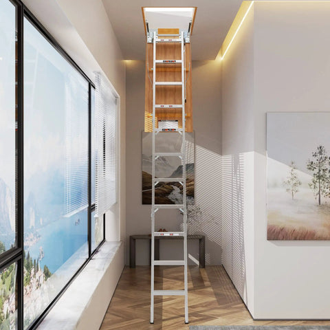 Ten Foot Aluminum Attic Ladder With Pull Down System Retractable Loft Stairs Foldable Loft For Rough Opening Twenty Two And A Half Inch By Fifty Four Inch Fits Seven Point Six To Ten Point Two Five Foot Ceilings Holds 350 Pounds installed in a hallway