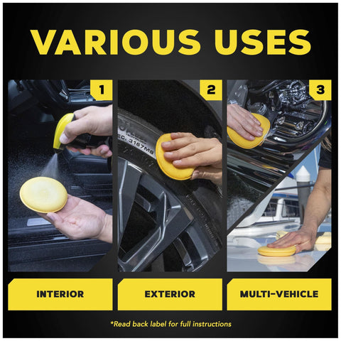 4 Inch Foam Applicator Pads For Car Polish And Wax Great For Pro Detailers And DIY Auto Pros Ultra Soft Tight Cell Foam being used on car interior, wheels, and exterior surfaces.