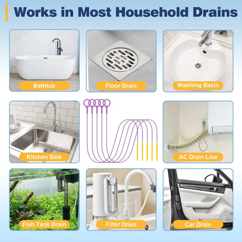 Reusable 35 Inch Drain Snake 5 Pack With Thick Bristle Brush Straight Up Sink Shower Clog Remover shown in various household drains.