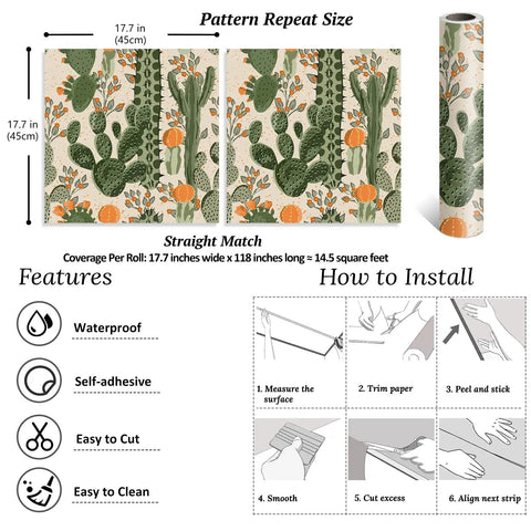 Desert Cactus Wallpaper Peel And Stick Floral Cacti And Succulents Boho Wall Mural for walls, showing pattern, size, and instructions.