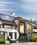 Contemporary house with solar panels and gate, featuring 6 Inch Adjustable Sliding Gate Rollers With Heavy Duty L Post Welded Bracket And Dual Hard Nylon Guide inset.
