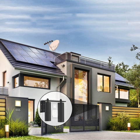 Contemporary house with solar panels and gate, featuring 6 Inch Adjustable Sliding Gate Rollers With Heavy Duty L Post Welded Bracket And Dual Hard Nylon Guide inset.