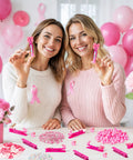 Breast Cancer Awareness Duck Cheer Pins Kit for Volleyball Squad and Team Spirit Crafting Includes 60 Rose Red Wooden Clothespins 60 Rose Red Mini Ducks 60 Pink Ribbon Charms 60 Ribbon Bows Five Bags of Letter Beads Fight and a Glue Tube. Two women hold pink ribbon clothespin pins