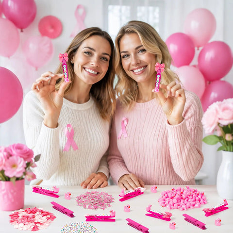 Breast Cancer Awareness Duck Cheer Pins Kit for Volleyball Squad and Team Spirit Crafting Includes 60 Rose Red Wooden Clothespins 60 Rose Red Mini Ducks 60 Pink Ribbon Charms 60 Ribbon Bows Five Bags of Letter Beads Fight and a Glue Tube. Two women hold pink ribbon clothespin pins