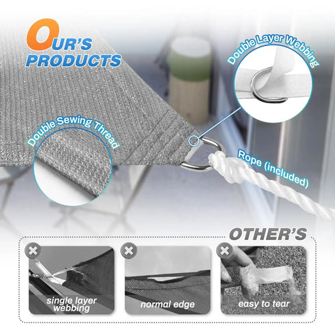 8x8 Foot Rectangle Shade Sail For Outdoor Patio Garden Gazebo Deck UV Blocking Canopy Breathable HDPE Shade Cloth Tear-Resistant With Reinforced Edges And No-Fuss D-Ring Setup Grey comparison with competitors