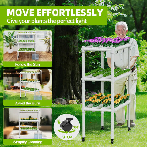 Hydroponics Growing System With Wheels A 3 Tier Vertical Garden Kit For 108 Plant Sites Made With Food Grade PVC Pipes