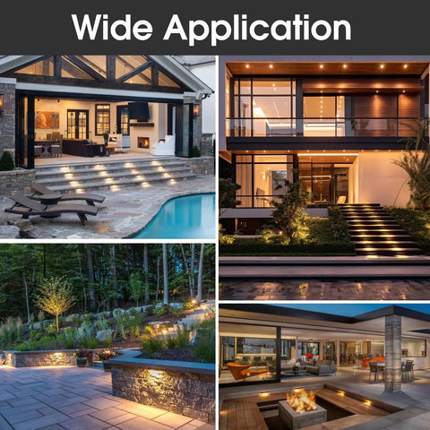 Outdoor scenes with 7 Inch Outdoor LED Step Lights for retaining walls, highlighting pathways and patios, 3000K warm white glow.