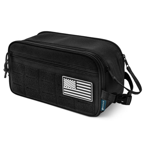 Tactical Toiletry Bag For Men Water Resistant Military Molle Dopp Kit Travel Organizer shown with USA flag patch on front.