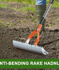 15 Inch Dethatcher Lawn Rake With Adjustable Handle For Thatch Removal And Scarification, being used to loosen soil
