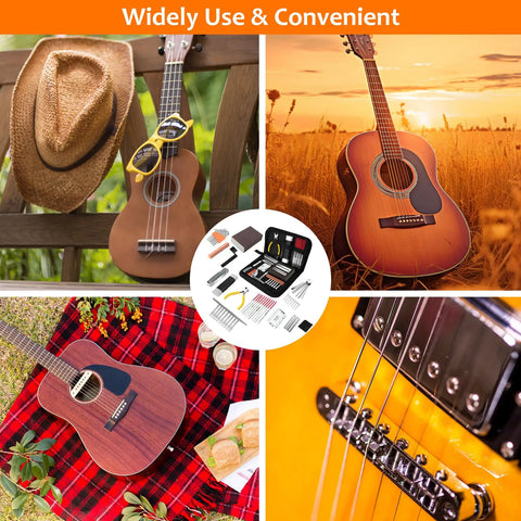 Guitar Tool Kit 45 Pcs Pro Setup Gear For Quick String Changes Action And Intonation, ukulele and acoustic guitar scenes.