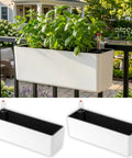 Total Patio Flex 16 Inch White Railing Planter Boxes 2 Pack Over Balcony Self Watering With Metal Brackets Plastic Window Boxes For Outdoor Herbs Deck Fence Garden Zero Stress Setup with herbs on balcony railing.