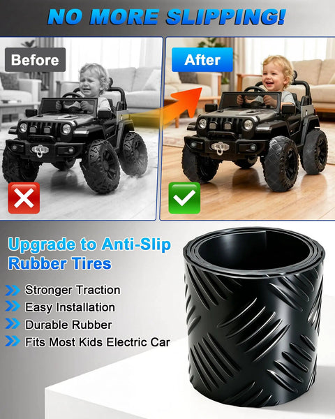 Heavy Duty Anti Slip Rubber Tire Grip Upgrade Kit For Kids Electric Cars Delivering Rock Solid Traction Hassle Free Control And Ridiculously Smooth Rolling Action Indoors Out before and after use comparison