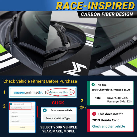 Hella Tough Silicone Windshield Wiper Blades Two Pack Front Driver And Passenger shown on vehicle windshield with fitment guide.