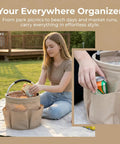 Woman using 17L Foldable Storage Bag Tote, Your All In One Go To Organizer For Outdoor Picnics in khaki on a picnic blanket.