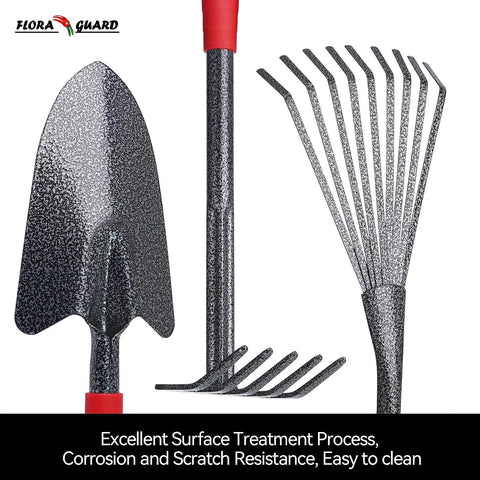 Heavy Duty 6 Piece Garden Tool Set with trowel and rake, durable hand tools for digging and weeding, corrosion-resistant steel