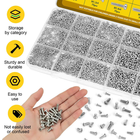 1140 Piece Micro Pan Head Machine Screw Kit For Electronics Eyeglasses Watches And Clocks M1 M1.2 M1.4 M1.6 M1.7 Includes 2 2.5 3 4 5 Millimeter Lengths Fully Threaded Phillips Screws DIY Friendly Handy Electronics Fixer Kit displayed in box with hand holding screws