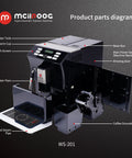 Product parts diagram of Totally Automatic Espresso Coffee Maker Featuring Responsive Touchscreen Interface and sleek black chassis.