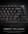 Top Shelf Wireless 75 Percent Gaming Keyboard Featuring Hot Swap MLX Tactile Switches Premium PBT Double Shot Keycaps And Glowing Per Key RGB Backlighting Dual Layer Acoustic Dampening Built For Clutch Wins And Late Night Rigs In Black close-up of keys and dial on compact layout.