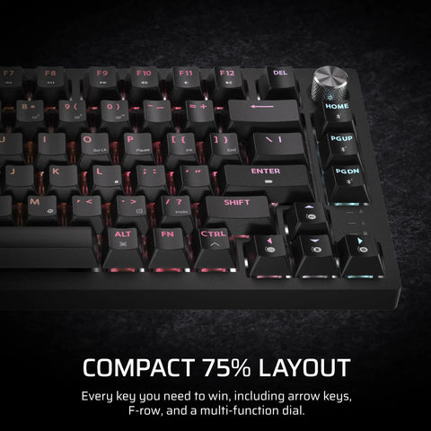 Top Shelf Wireless 75 Percent Gaming Keyboard Featuring Hot Swap MLX Tactile Switches Premium PBT Double Shot Keycaps And Glowing Per Key RGB Backlighting Dual Layer Acoustic Dampening Built For Clutch Wins And Late Night Rigs In Black close-up of keys and dial on compact layout.