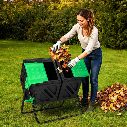 Dual Chamber Outdoor Compost Tumbler With Aeration Built Tough Heavy Duty Rotating Composter 2 Sliding Doors 34.5 Gallon Bin