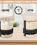Before and after view of Complete Sourdough Starter Jar Kit 35 Oz Large Glass Jar With Date Marked Feeding Band on kitchen counter