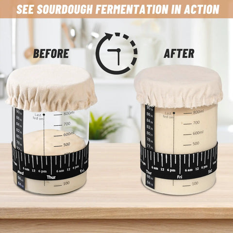 Before and after view of Complete Sourdough Starter Jar Kit 35 Oz Large Glass Jar With Date Marked Feeding Band on kitchen counter