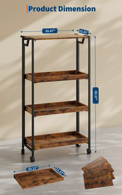 Large 4-Tier Collapsible Wooden Storage Shelf With Heavy Duty 100 Lb Capacity And Locking Wheels Space Saving Organizer