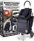 Bigger Trolley Dolly Foldable Black Shopping Cart For Grocery And Light Haul beside product box showcasing features